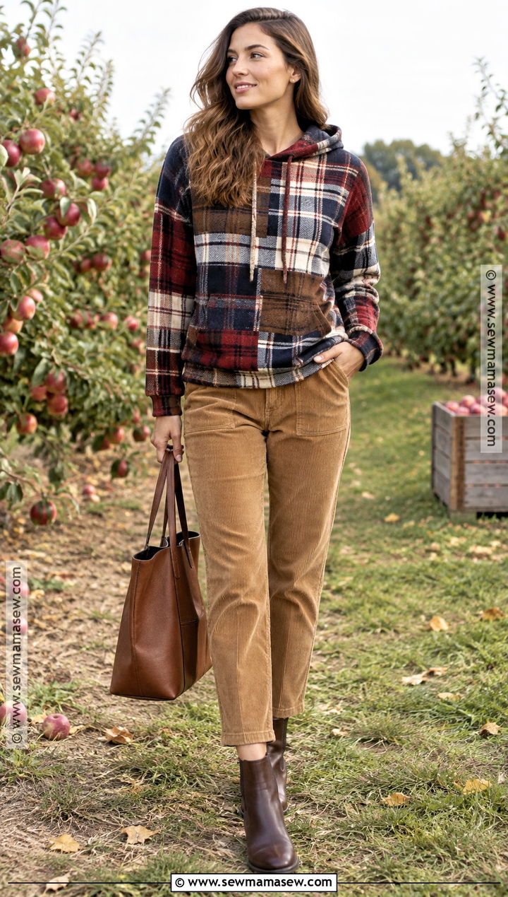 Flannel Patchwork Hoodie With Corduroy Pants - 20 Fall Patchwork Hoodie Ideas