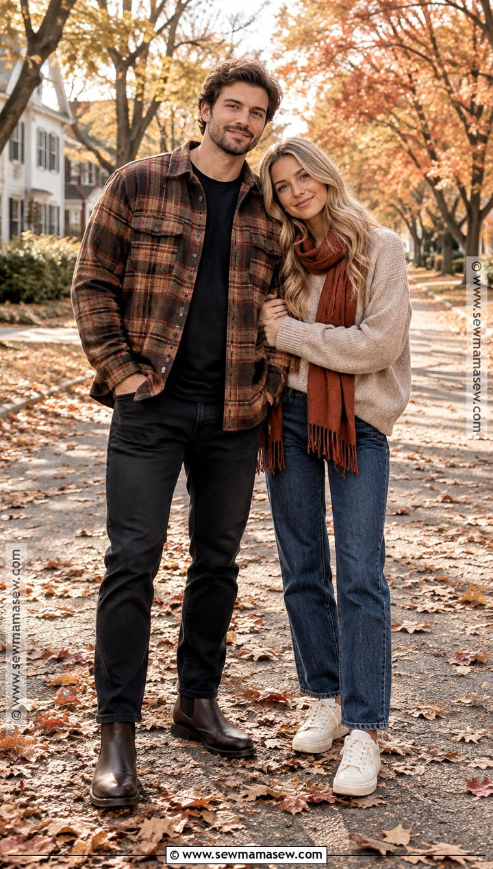 Flannel Shacket And Neutral Layers Couples Outfit - 15 couples fall photoshoot outfits flannel