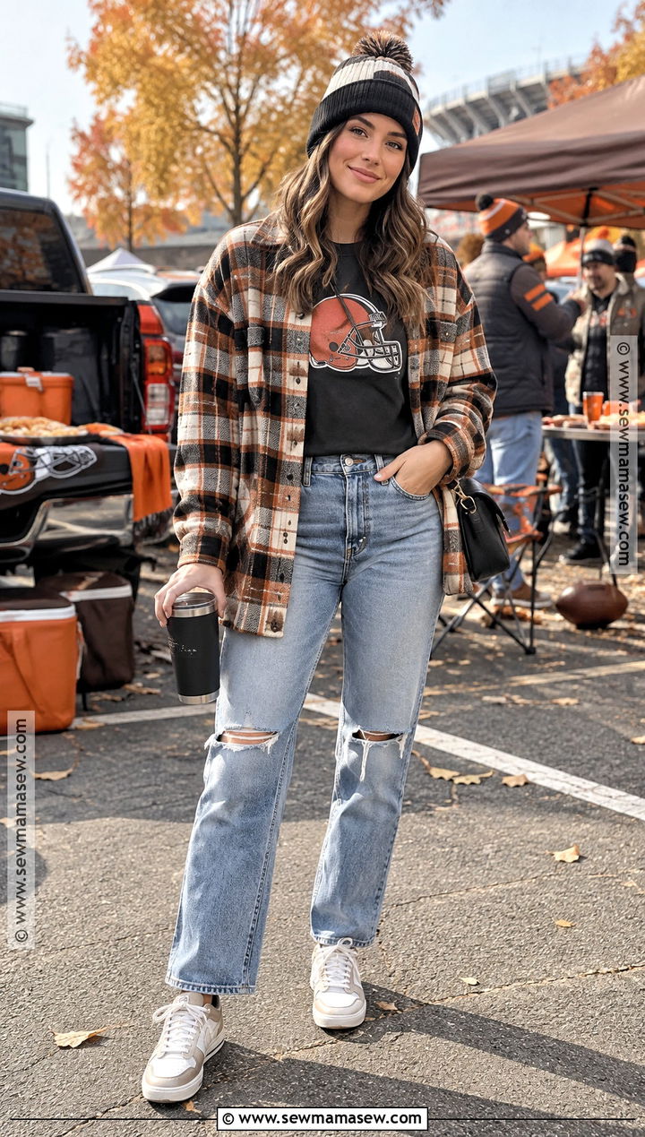 Flannel Shacket And Ripped Jeans Football Outfit - 20 cute fall football game outfits