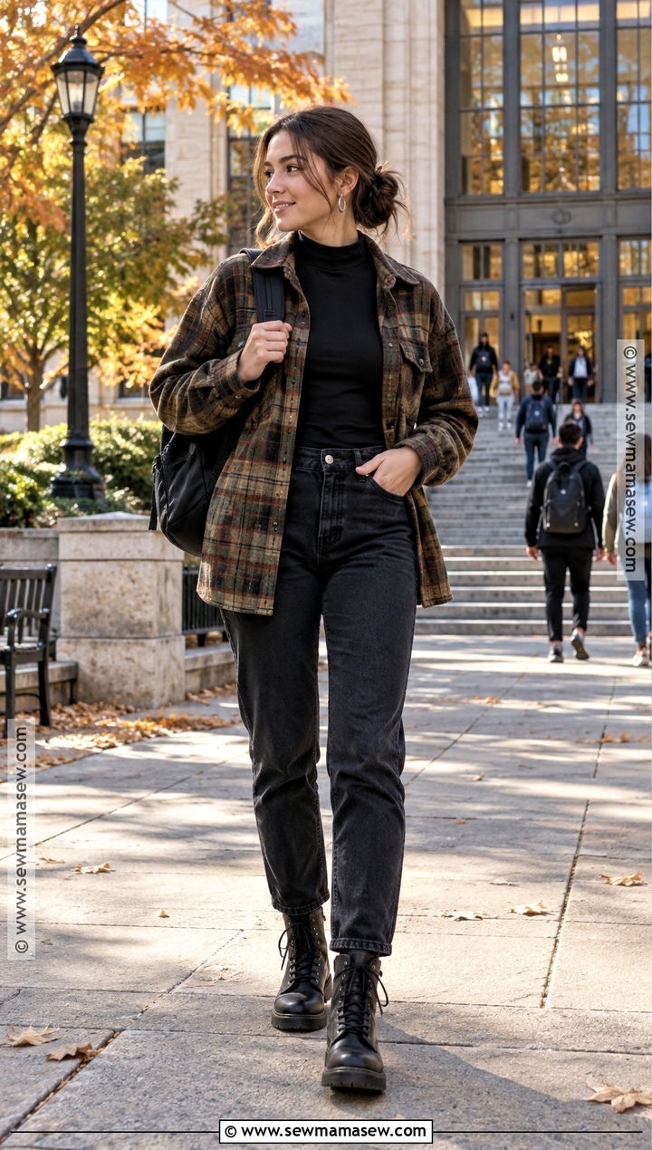 Flannel Shacket Turtleneck And Black Jeans School Outfit - 15 casual school fall outfits