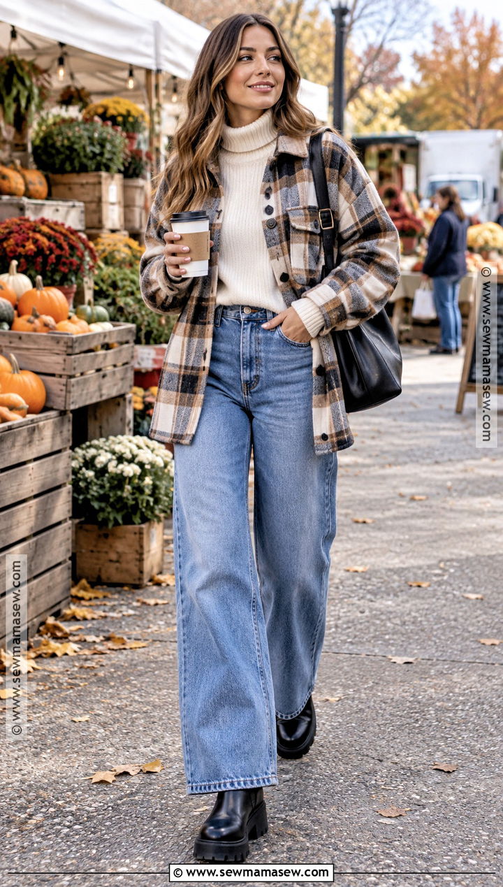 Flannel Shacket With A Turtleneck And Wide Leg Jeans - 15 Cute Fall Outfits Flannel