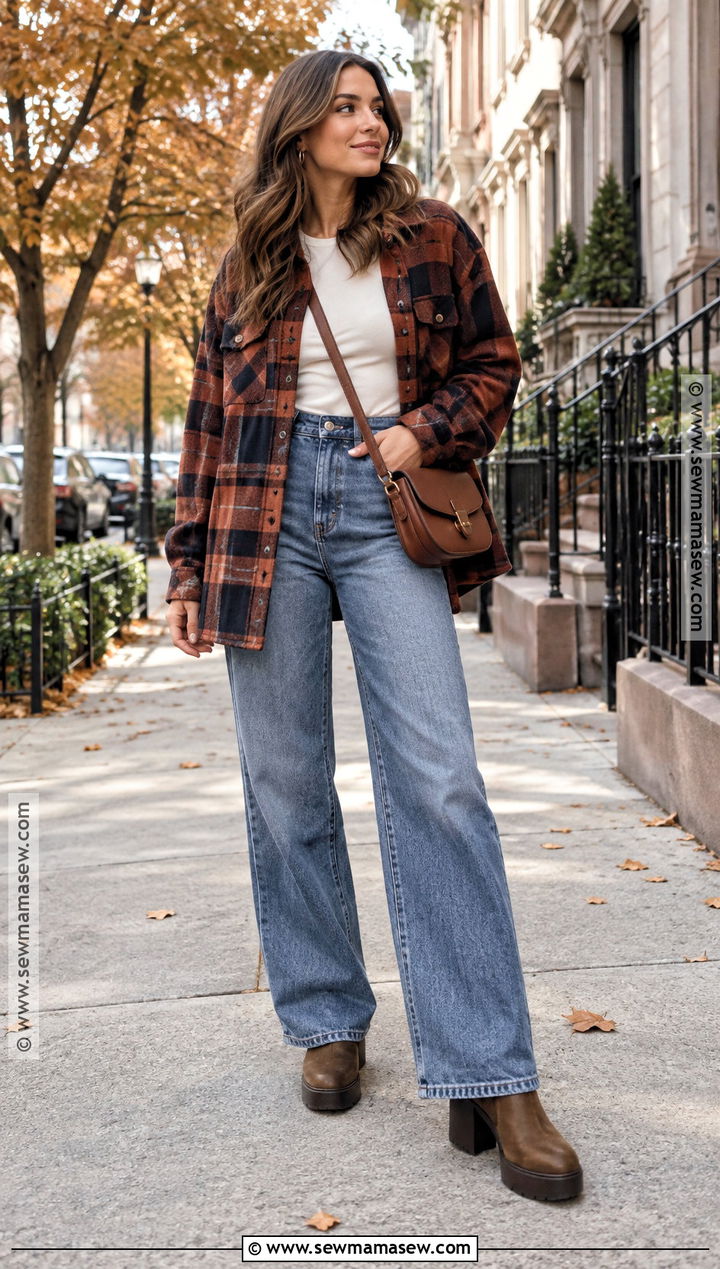 Flannel Shacket With Wide Leg Jeans - 15 Fall Outfits 2026 Flannel