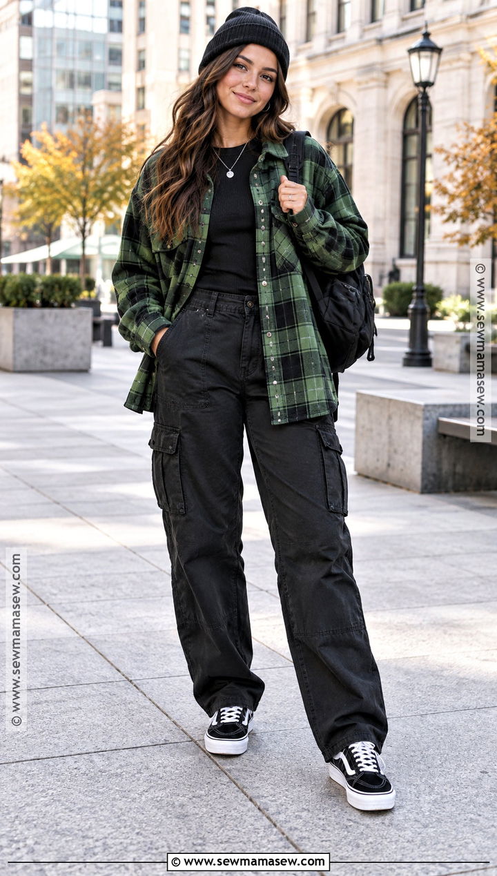 Flannel Shirt And Black Cargo Pants Fall Outfit - 25 fall swag outfits