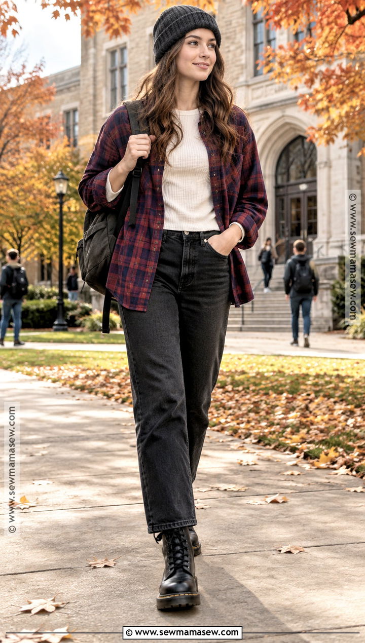 Flannel Shirt And Black Jeans Fall College Outfit - 15 fall college class outfits