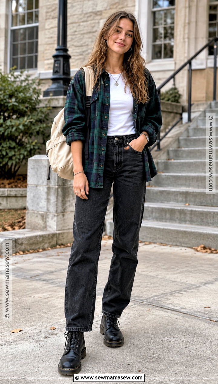 Flannel Shirt And Black Jeans Fall College Outfit - 15 college outfits for class fall