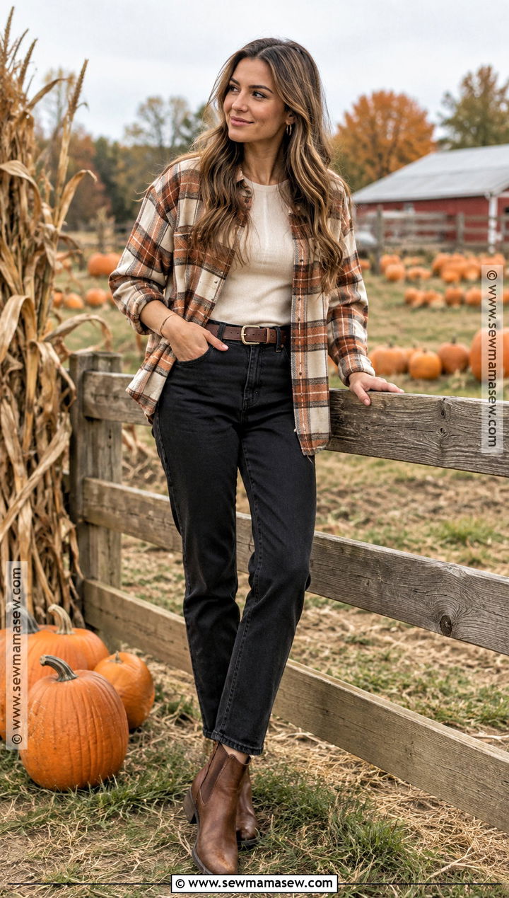 Flannel Shirt And Black Jeans Fall Photoshoot Outfit - 20 fall photoshoot outfits for women