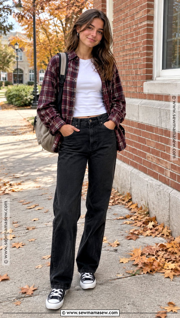 Flannel Shirt And Black Jeans Fall School Outfit - 15 fall outfits for school comfy