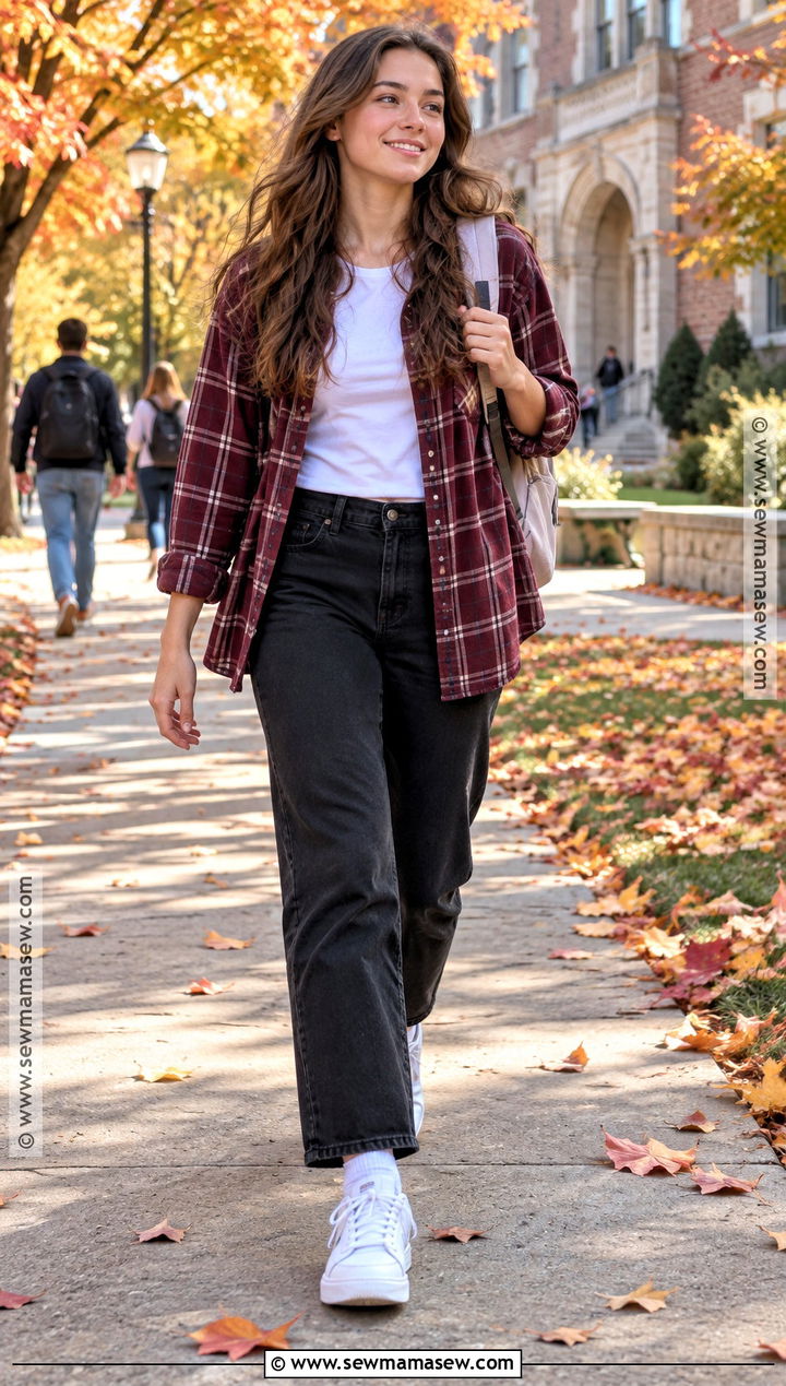 Flannel Shirt And Black Jeans Fall School Outfit - 15 simple fall school outfits