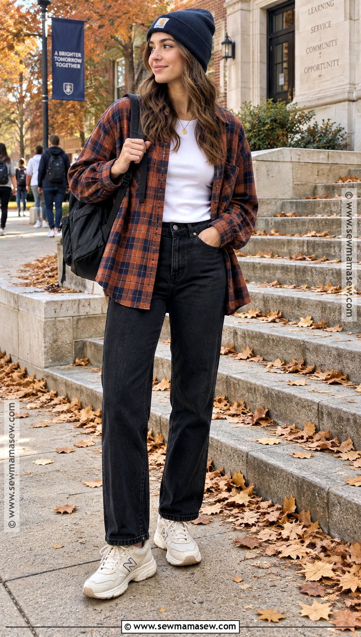 Flannel Shirt And Black Jeans For University - 20 university fall outfits