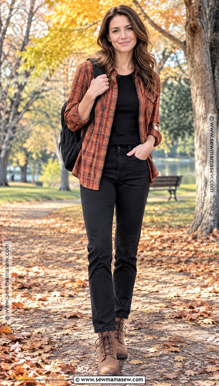 Flannel Shirt And Black Jeans Nanny Outfit - 15 nanny outfit ideas fall