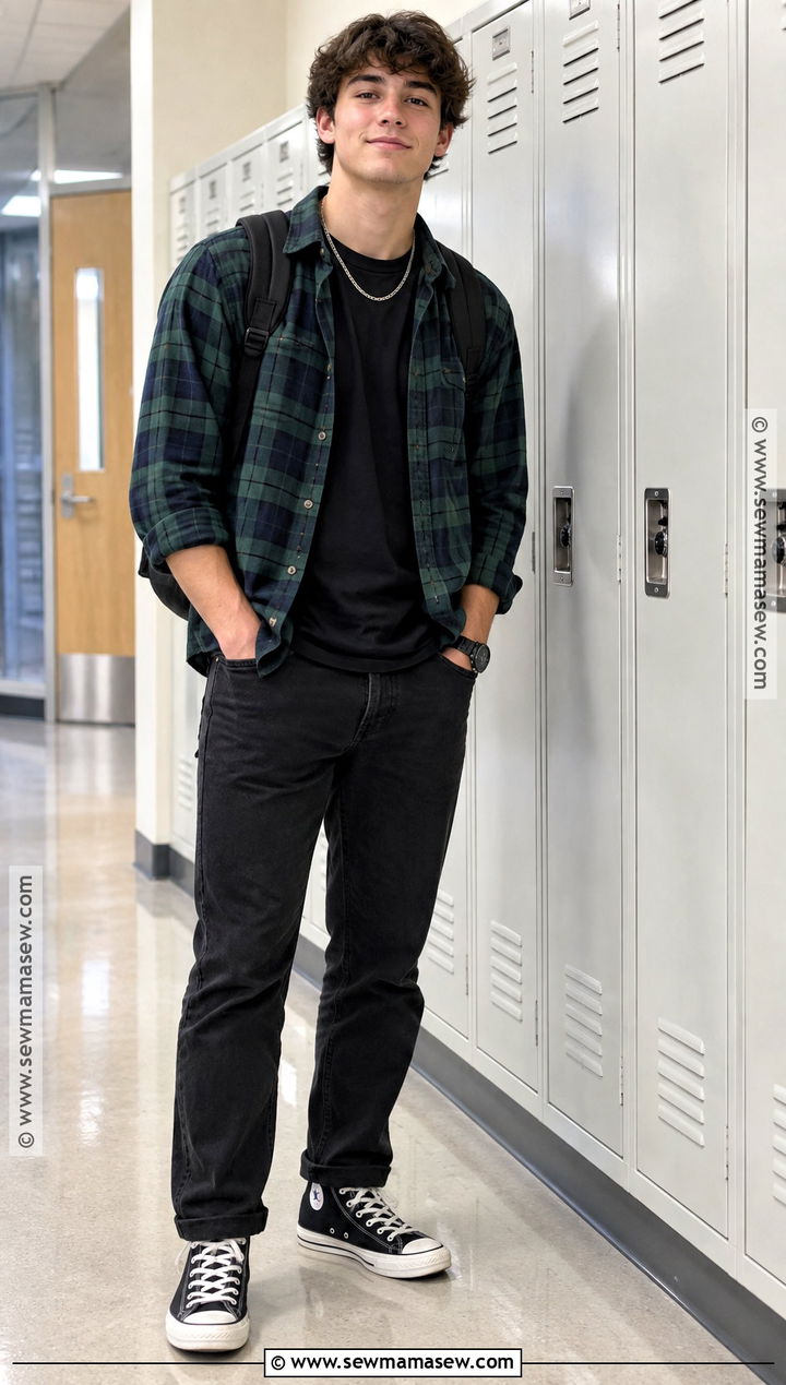 Flannel Shirt And Black Jeans Outfit - 15 masc back to school outfits