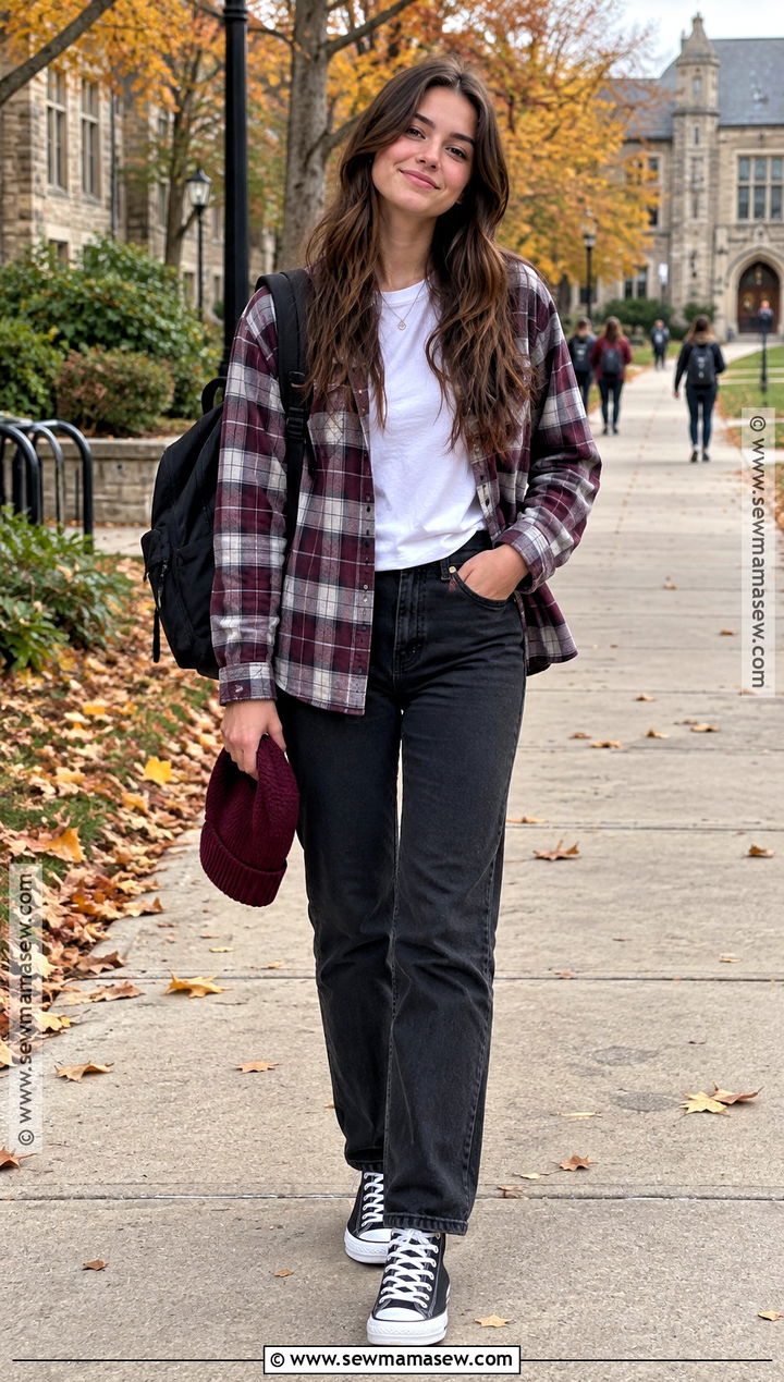 Flannel Shirt And Black Jeans Outfit - 20 back to school shopping list clothes
