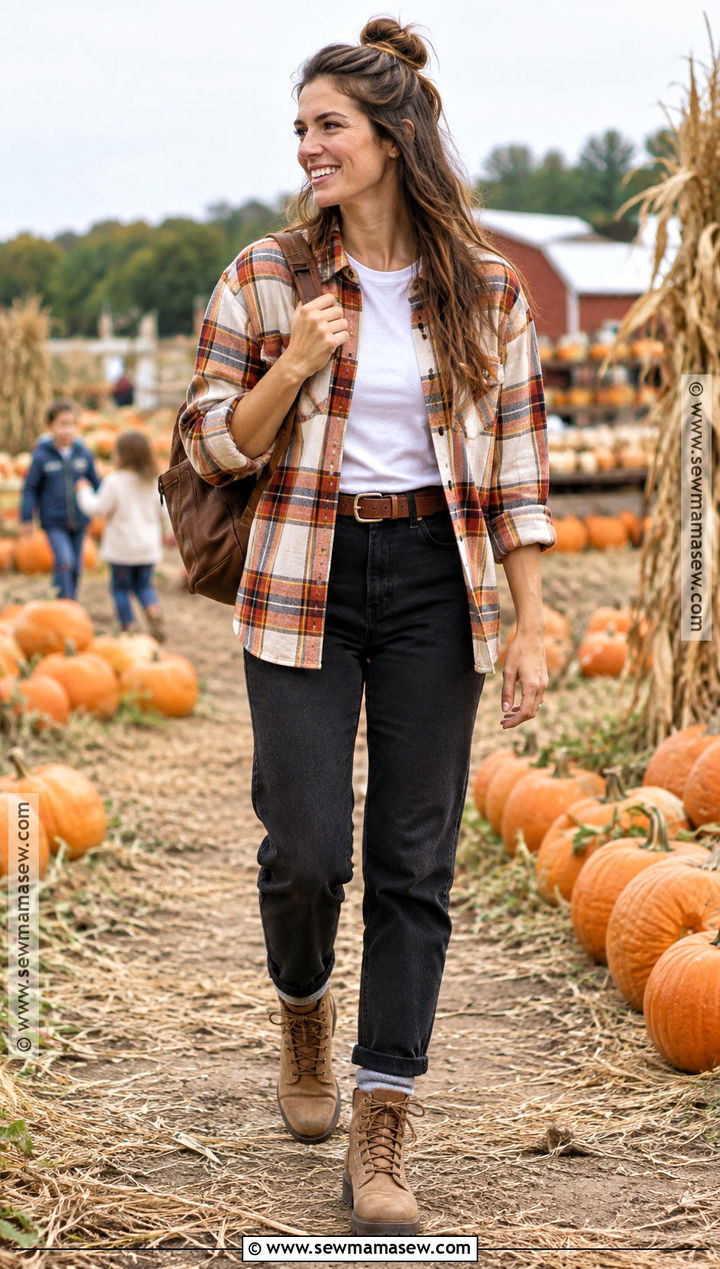 Flannel Shirt And Black Jeans Pumpkin Patch Outfit - 20 Mom Pumpkin Patch Outfit Ideas