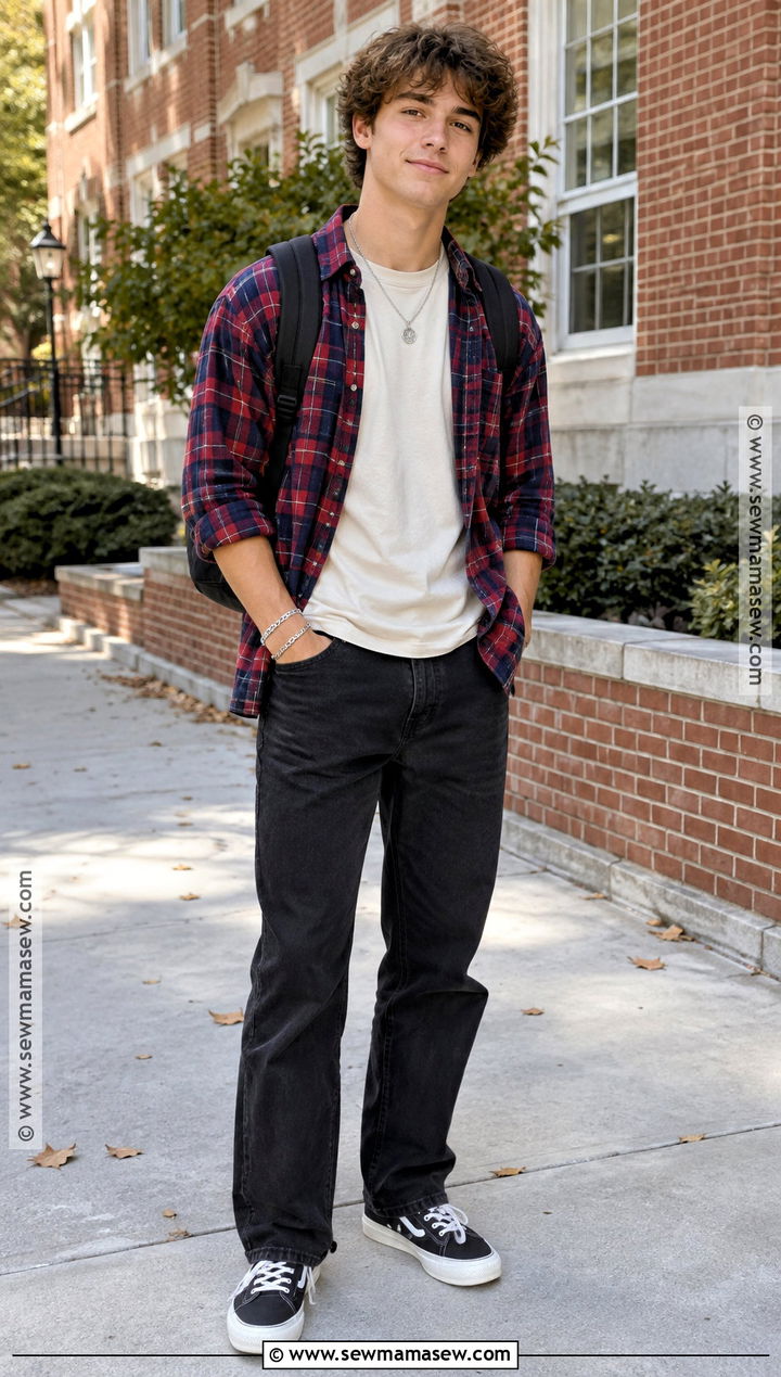 Flannel Shirt And Black Jeans School Outfit - 15 Back-To-School Fashion Inspiration Ideas