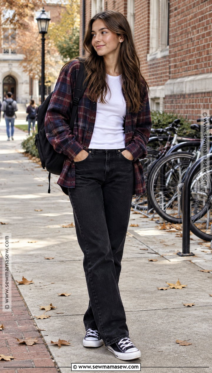 Flannel Shirt And Black Jeans School Outfit - 20 back to school outfits autumn