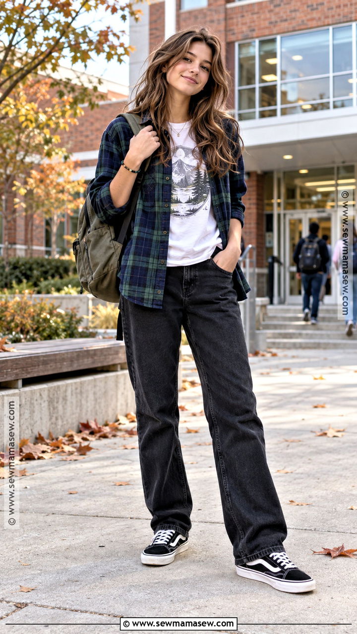 Flannel Shirt And Black Jeans School Outfit - 20 Back To School Teen Girl Outfits
