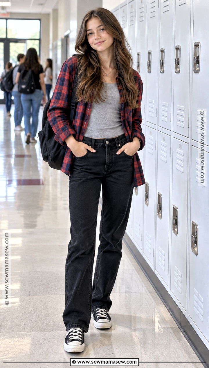 Flannel Shirt And Black Jeans School Outfit - 20 cute school outfits fall