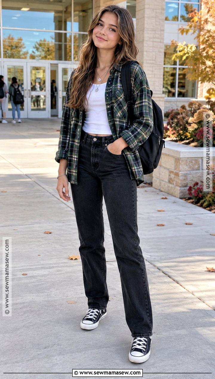 Flannel Shirt And Black Jeans School Outfit - 20 first day of school outfit fall ideas
