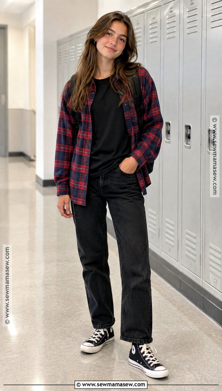 Flannel Shirt And Black Jeans School Outfit - 15 Back To School Clothes High School