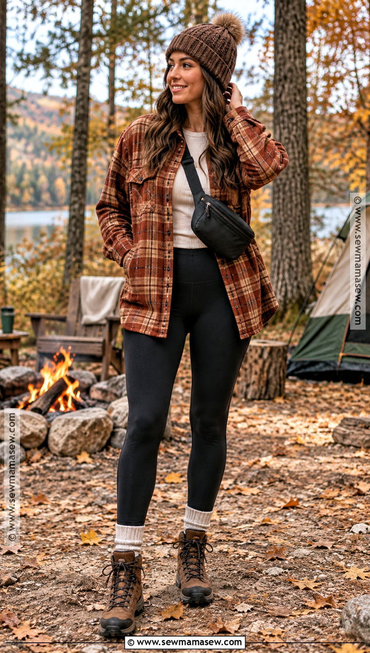 Flannel Shirt And Black Leggings Fall Camping Outfit - 25 fall camping outfits
