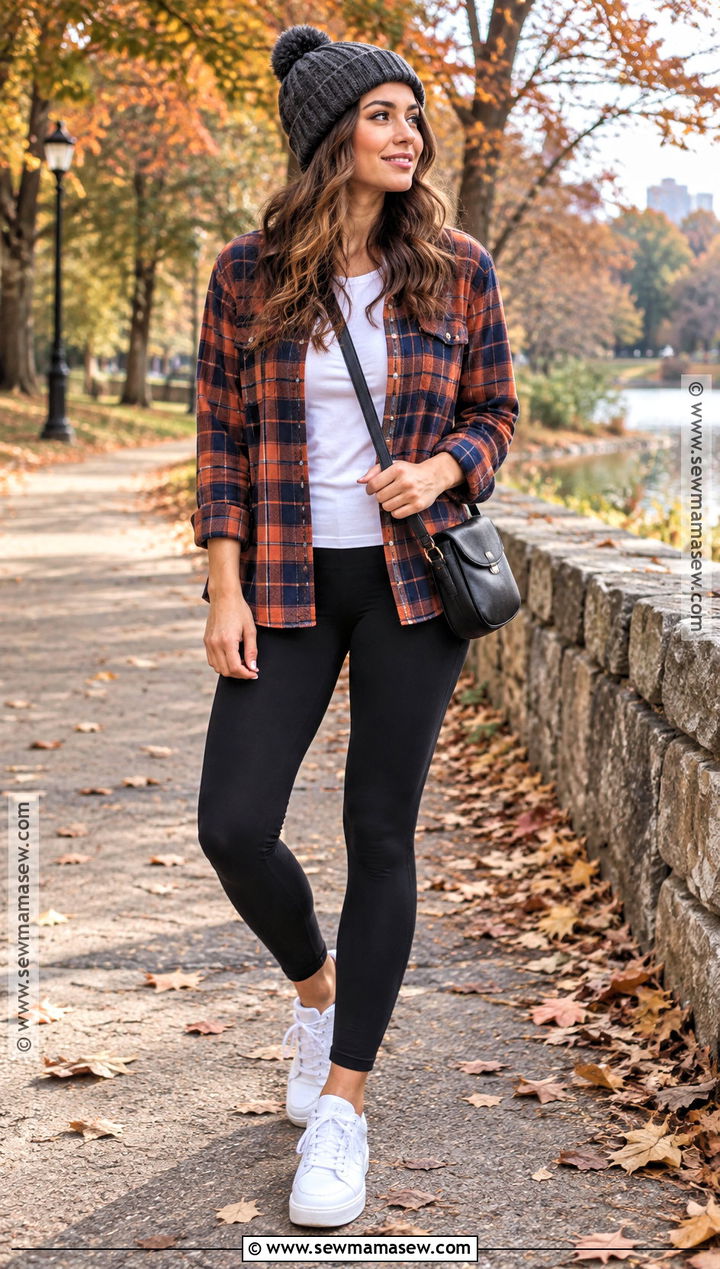 Flannel Shirt And Black Leggings Fall Outfit - 15 Lazy Sunday Outfit Fall Ideas