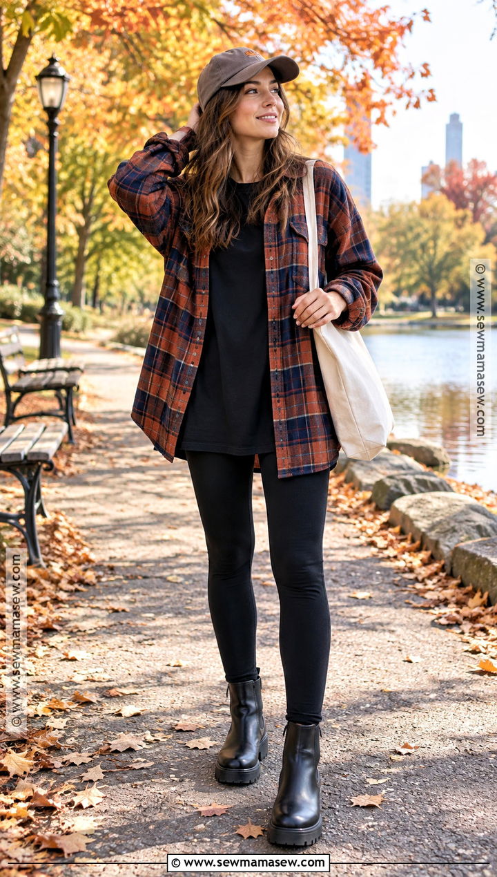 Flannel Shirt And Black Leggings Fall Outfit - 25 chill fall outfits