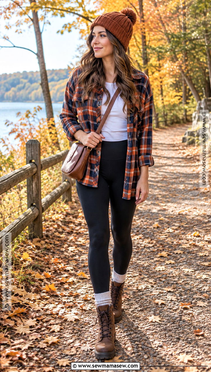 Flannel Shirt And Black Leggings Fall Outfit - 25 comfy outfits fall