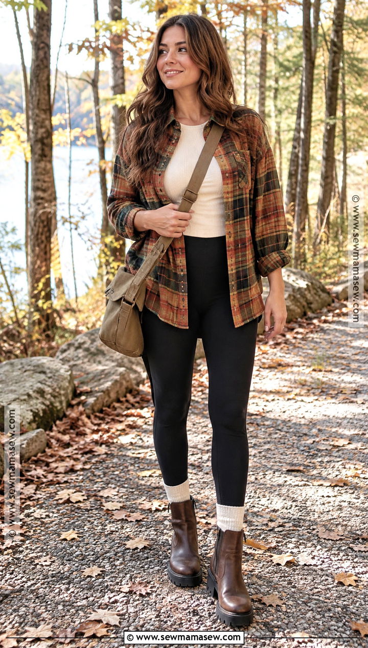 Flannel Shirt And Black Leggings Fall Outfit - 25 fall chill outfits