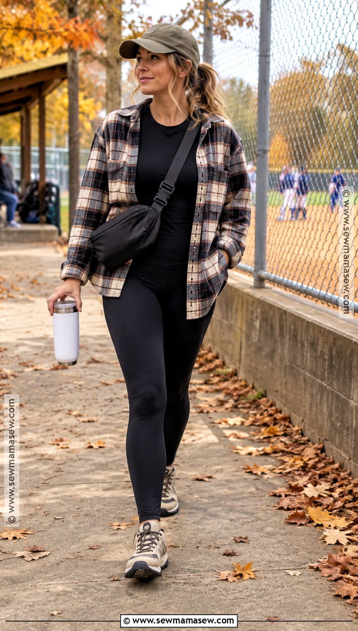 Flannel Shirt And Black Leggings Fall Sports Mom Outfit - 15 sports mom fall outfit ideas