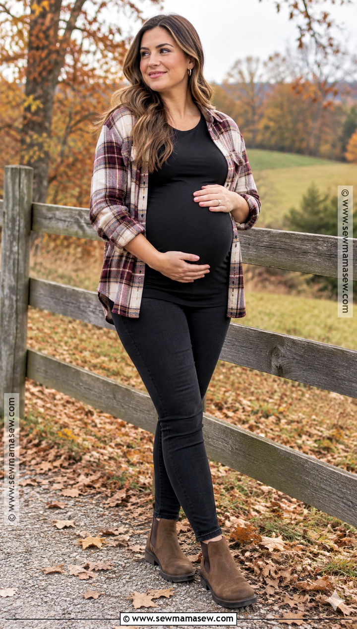 Flannel Shirt And Black Maternity Jeans Outfit - 15 fall maternity outfits for photoshoot casual