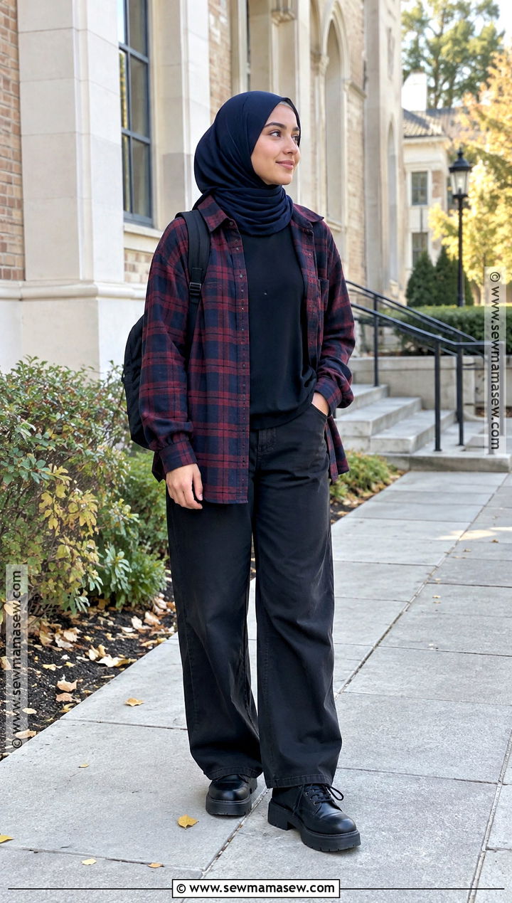 Flannel Shirt And Black Trousers Hijabi Outfit - 20 Back To School Hijabi Outfits