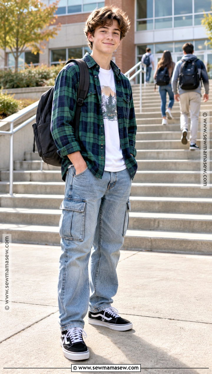 Flannel Shirt And Cargo Jeans Outfit - 20 Back To School 7Th Grade Outfits