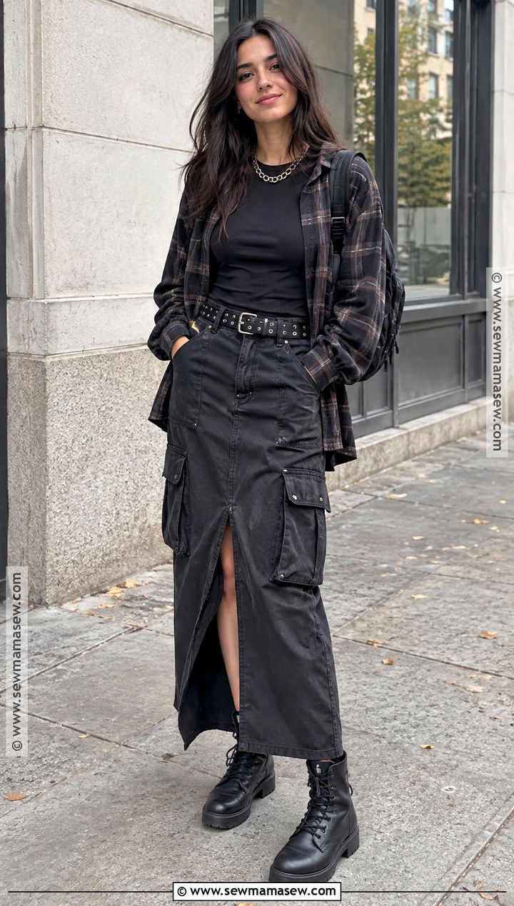 Flannel Shirt And Cargo Maxi Skirt Autumn Outfit - 25 alt autumn outfits