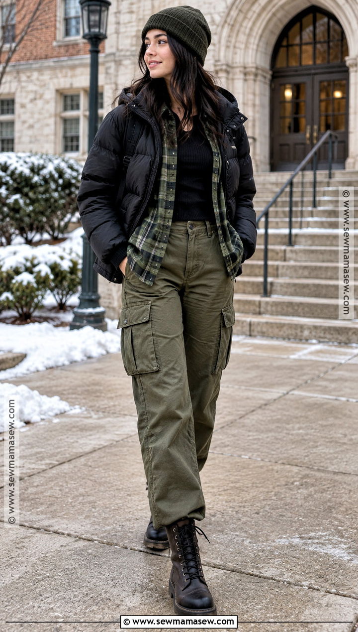 Flannel Shirt And Cargo Pants Winter School Outfit - 15 winter outfits back to school