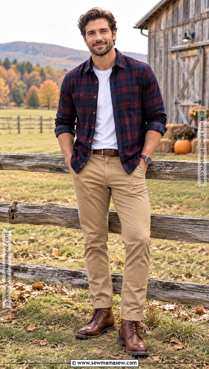 Flannel Shirt And Chinos Fall Engagement Outfit - 15 men fall engagement outfit ideas
