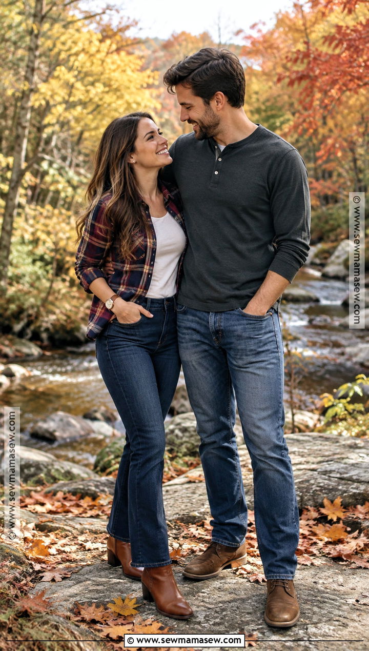Flannel Shirt And Classic Jeans Fall Engagement Outfit - 15 casual engagement pictures outfits fall