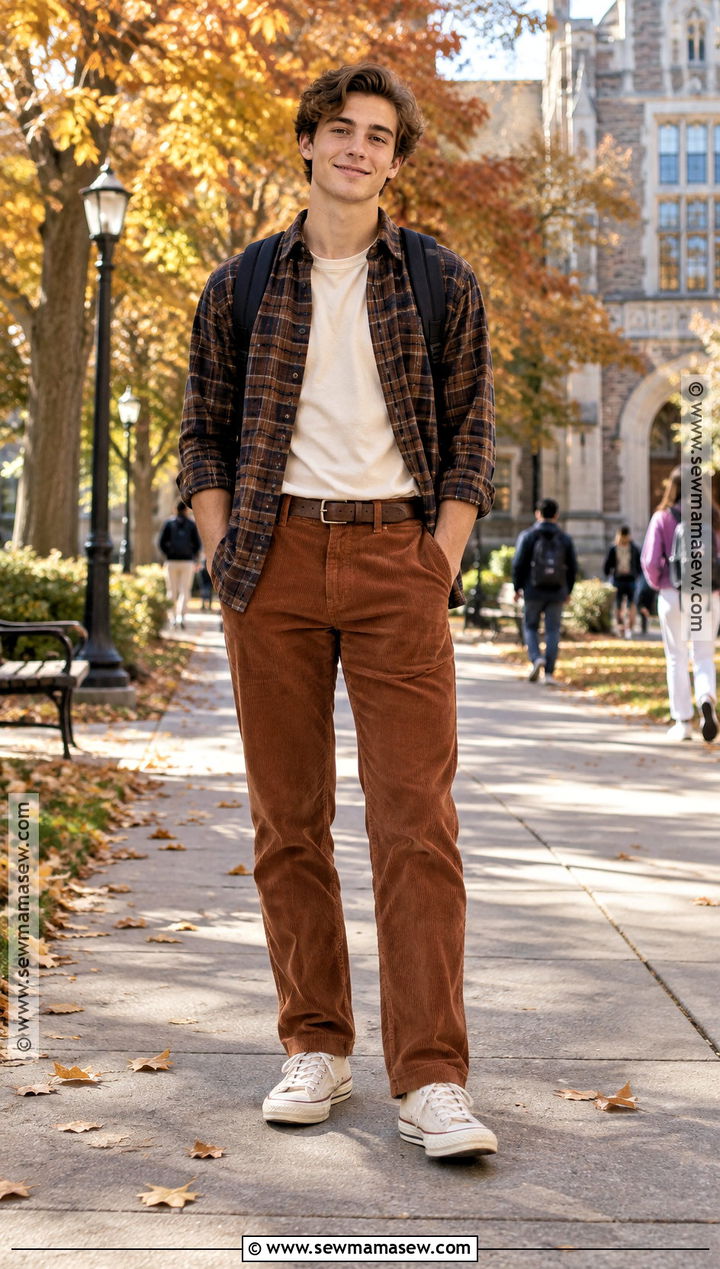 Flannel Shirt And Corduroy Pants Back To School Outfit - 25 Back To School Inspo Outfits