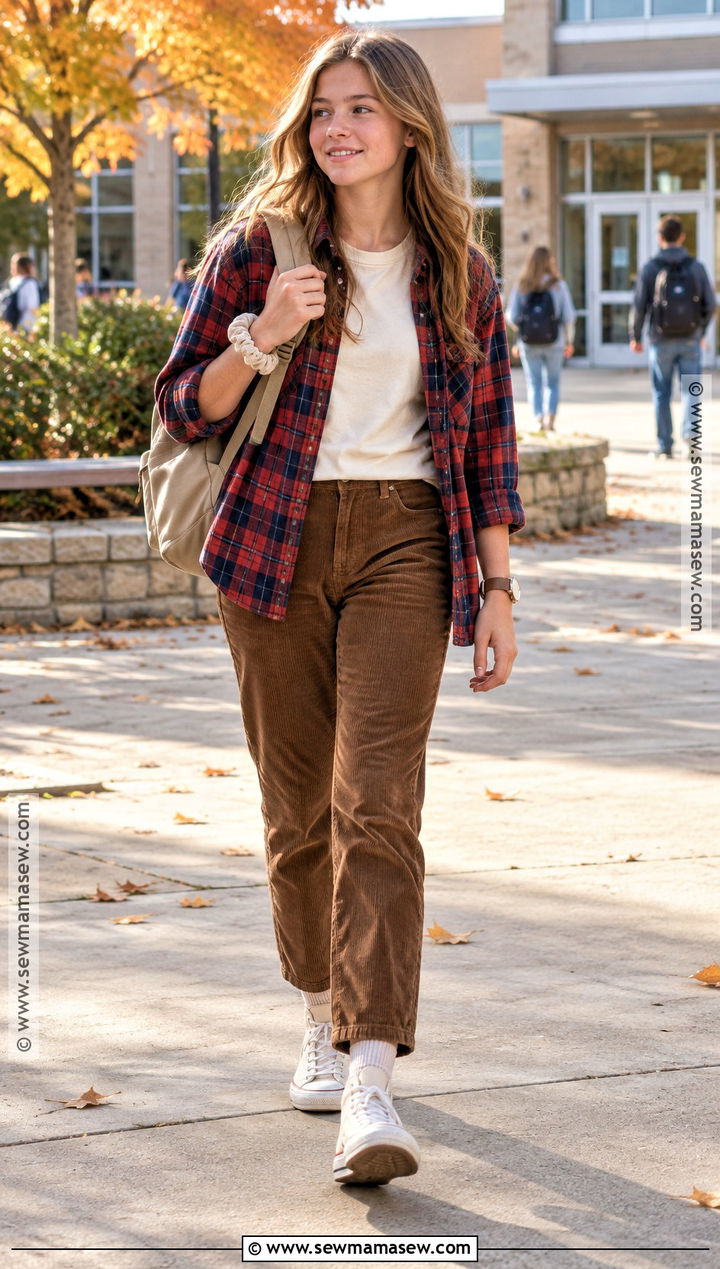 Flannel Shirt And Corduroy Pants Back To School Outfit - 15 Back To School Outfits For 12-13