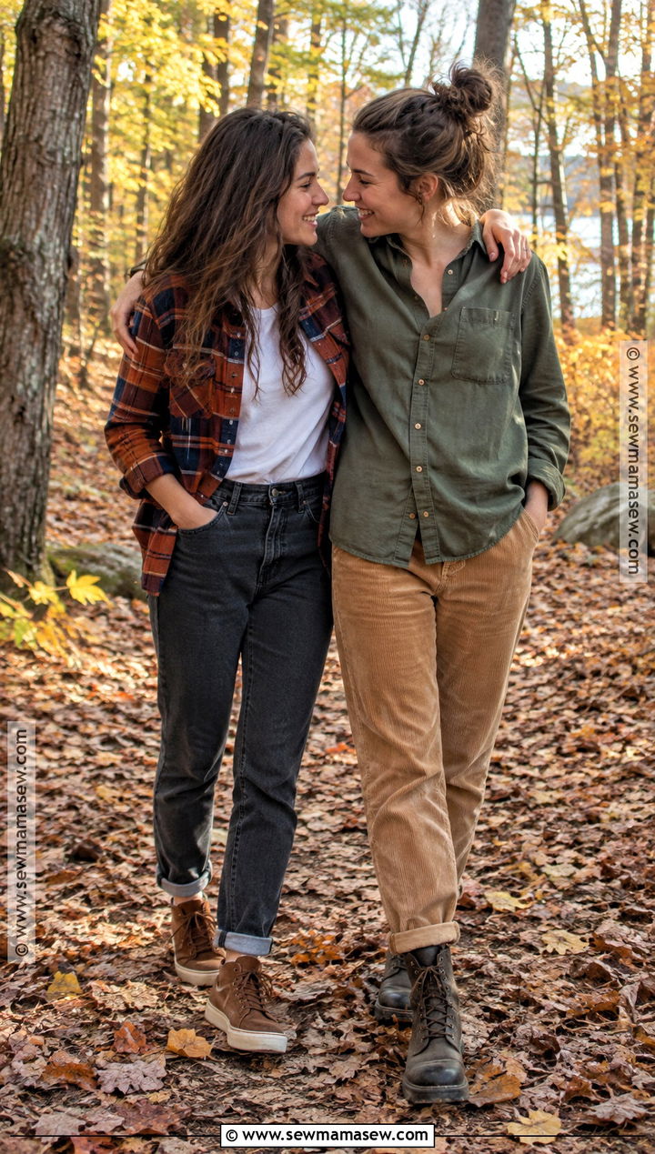 Flannel Shirt And Corduroy Pants Couple Outfit - 15 Lesbian Couple Photoshoot Outfits Fall