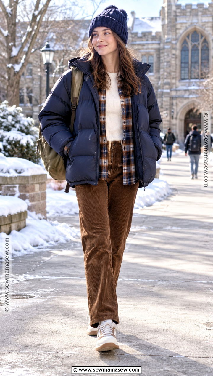 Flannel Shirt And Corduroy Pants Outfit - 20 Back To School After Winter Break Outfit Ideas