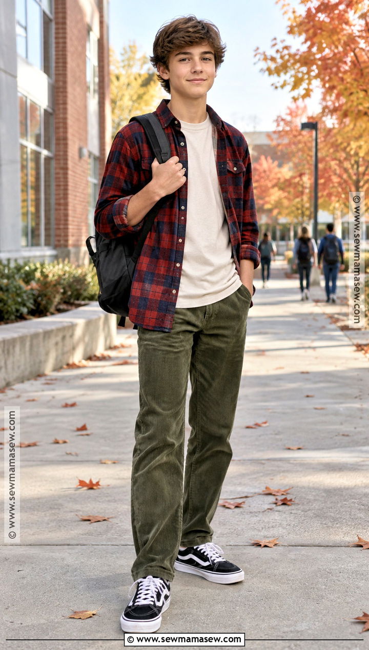 Flannel Shirt And Corduroy Pants Outfit - 15 back to school outfits middle school for boys