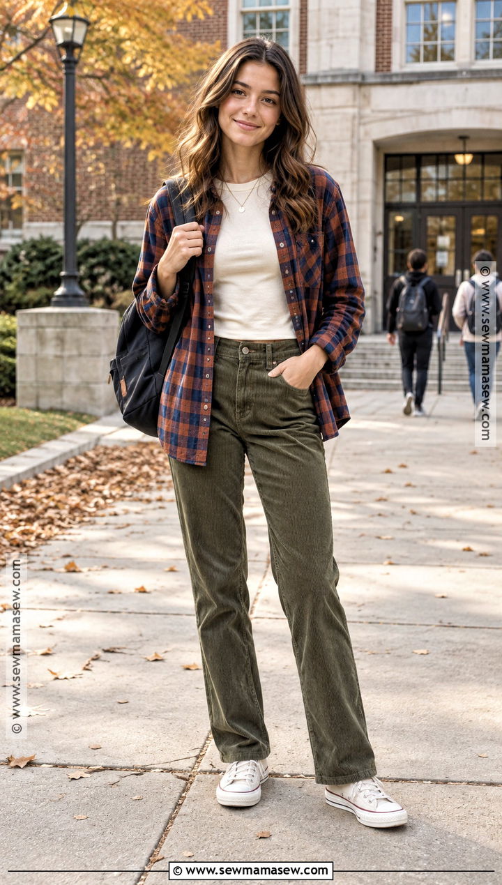 Flannel Shirt And Corduroy Pants School Outfit - 20 autumn school outfit ideas