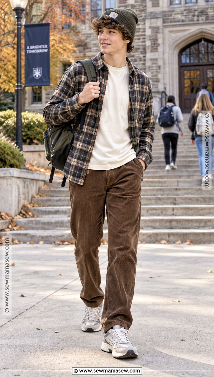 Flannel Shirt And Corduroy Pants School Outfit - 15 back to school looks for high school