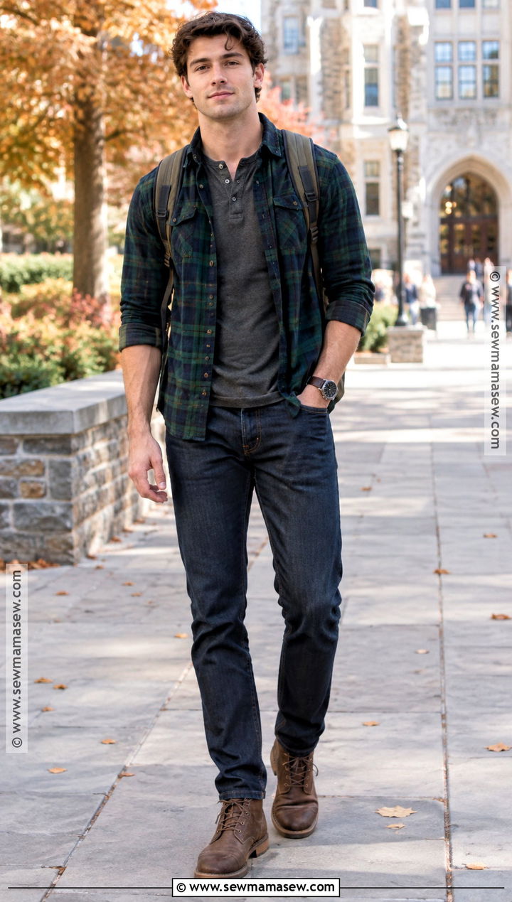 Flannel Shirt And Dark Jeans Back To School Outfit - 15 back to school men outfits