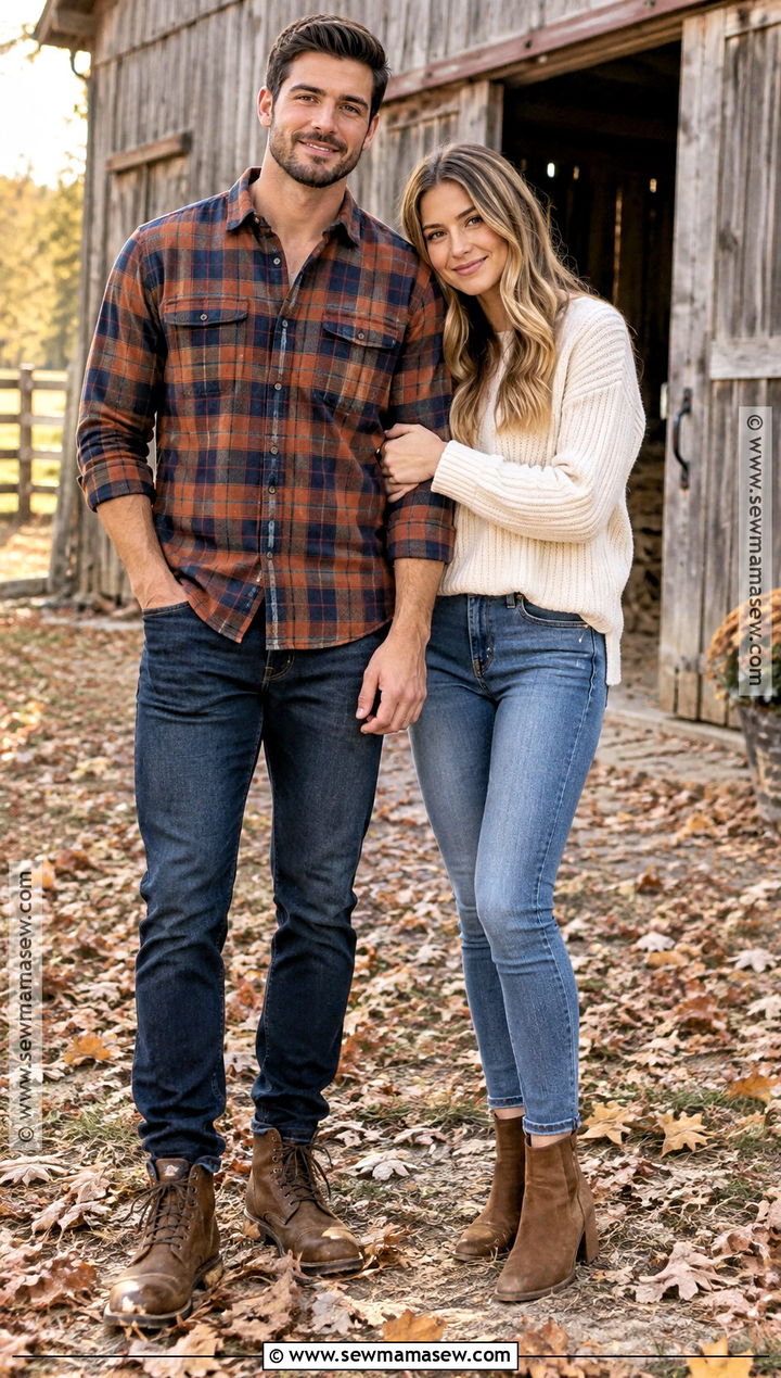 Flannel Shirt And Denim Fall Couple Outfit - 15 fall outfit ideas for couple pictures