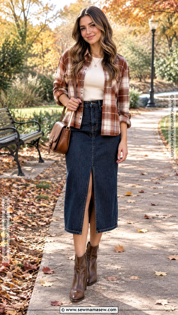 Flannel Shirt And Denim Midi Skirt Fall Outfit - 15 Fall Vibes Clothes