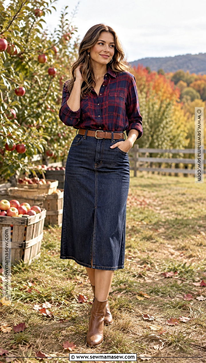 Flannel Shirt And Denim Skirt Fall Photo Shoot Outfit - 30 fall photo shoot outfits