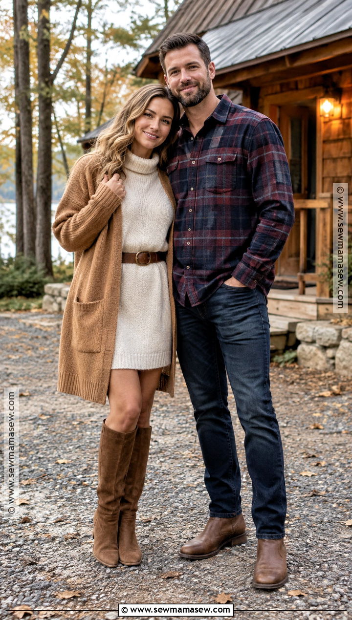 Flannel Shirt And Knit Dress Couples Fall Photoshoot Outfit - 25 couples fall photoshoot outfits