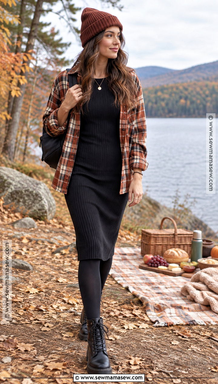 Flannel Shirt And Knit Dress Picnic Outfit - 25 autumn picnic outfit ideas