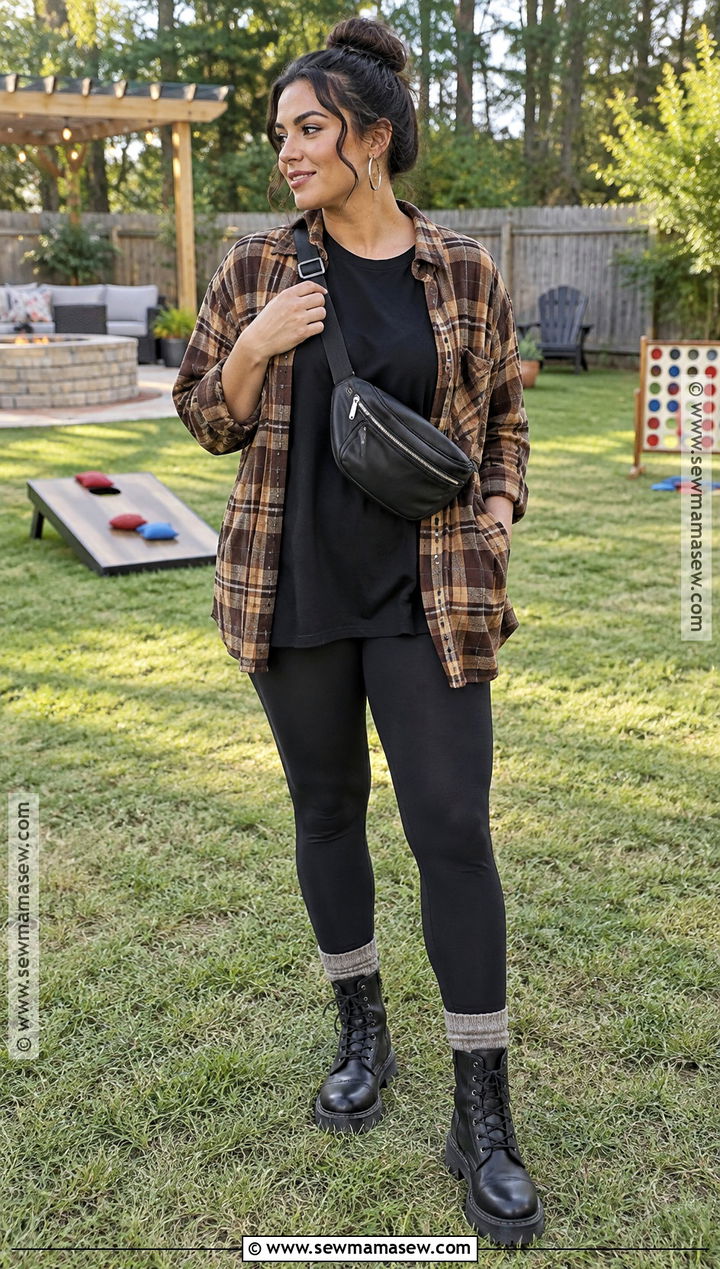 Flannel Shirt And Leggings Cookout Outfit - 20 Fall Cookout Outfit Ideas